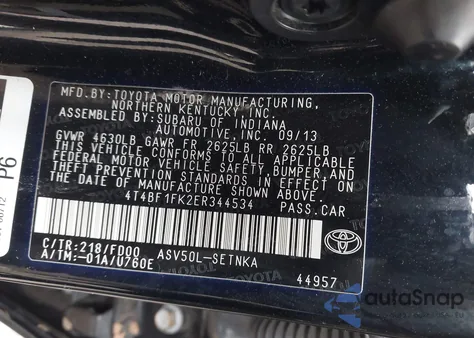 2014 Toyota Camry Le from USA, damaged, VIN 4T4BF1FK2ER344534